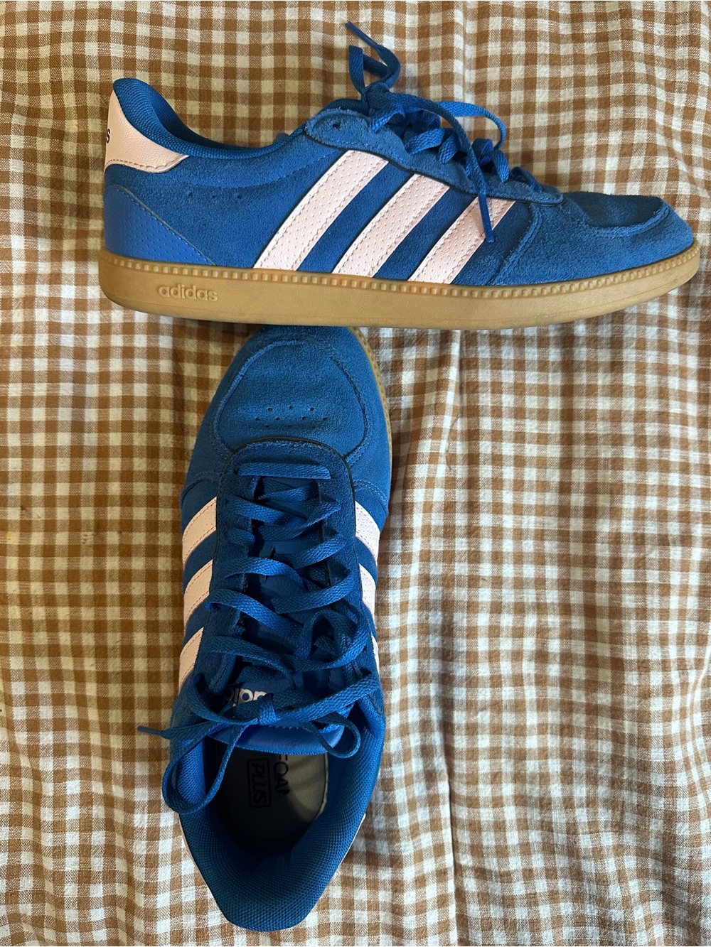 Women’s adidas Blue Suede Sneakers with Light Pink Stripes